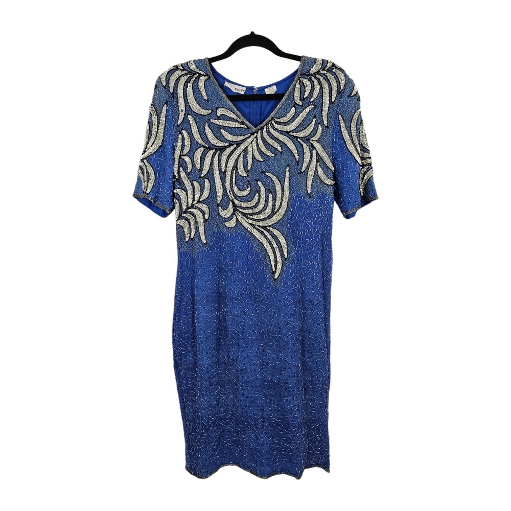 Vintage Blue Sequin Silk Dress Evening Gown Downtown Abbey Night Vogue Large